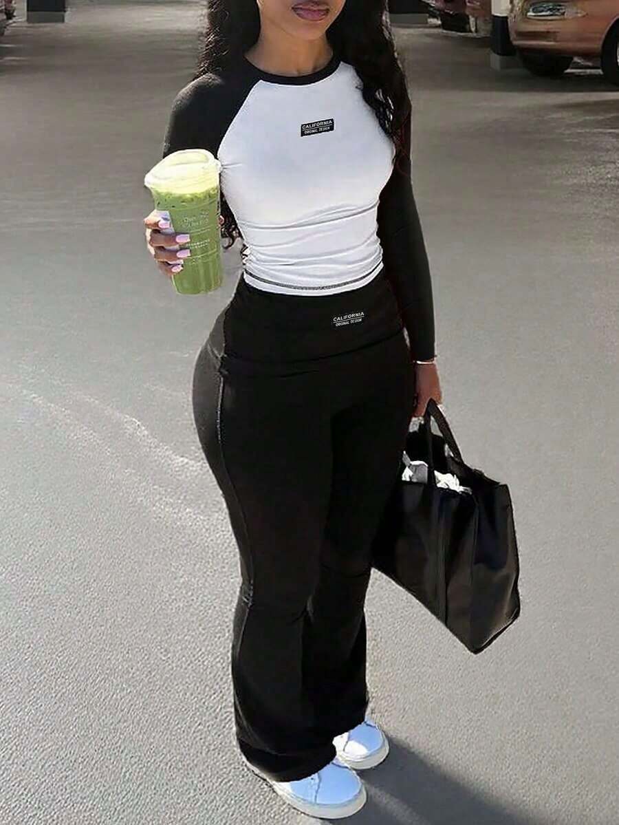 2pcs Women Casual Contrast Color Sports Pants + Leggings Set, Suitable For Daily Wear And Home, Autumn/Winter Black Spring - Hồng 2 - Xem 1