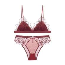 MOYISU-Sujetador trasero Sexy de encaje rojo, malla bordada francesa, sin anillo de acero, copa triangular, pecho grande, conjunto de ropa interior pequeña - sujetador negro - Ver 6