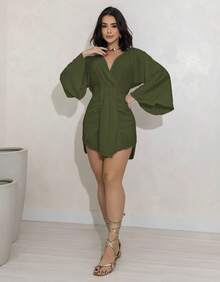 Swisz Women's Short Loose Formal Dress With Flare Sleeves - Dori - Verde militar - Ver 4