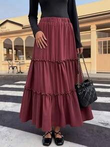 EARO Chic Women's Burgundy Long Layered Maxi Skirt, Elastic High Waist Casual Flowy A-Line Skirt - Burgundy - View 3