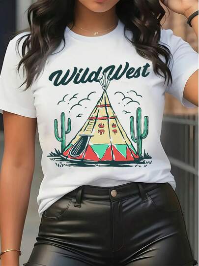 Women's Short Sleeve Graphic Tee Wild West Print Teepee & Cactus Pattern Casual T-Shirt Summer  Crew Neck Soft Cotton Blend Top For Daily Wear Streetwear