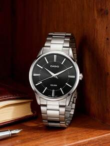 Casio 卡西欧男士商务石英表，不锈钢表带，黑色表盘，银色表链，优雅商务，精美腕表，送给他的礼物，男友/父亲，日常佩戴，生日、周年纪念日、情人节礼物 MTP-1303D-1A - 黑色 - 查看 6