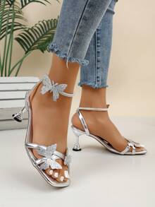 Shiny Butterfly Decor Transparent High Heel Sandals For Teens - Silver - View 5