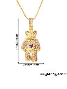 精致锆石镶嵌泰迪熊吊坠项链，奢华简约风格