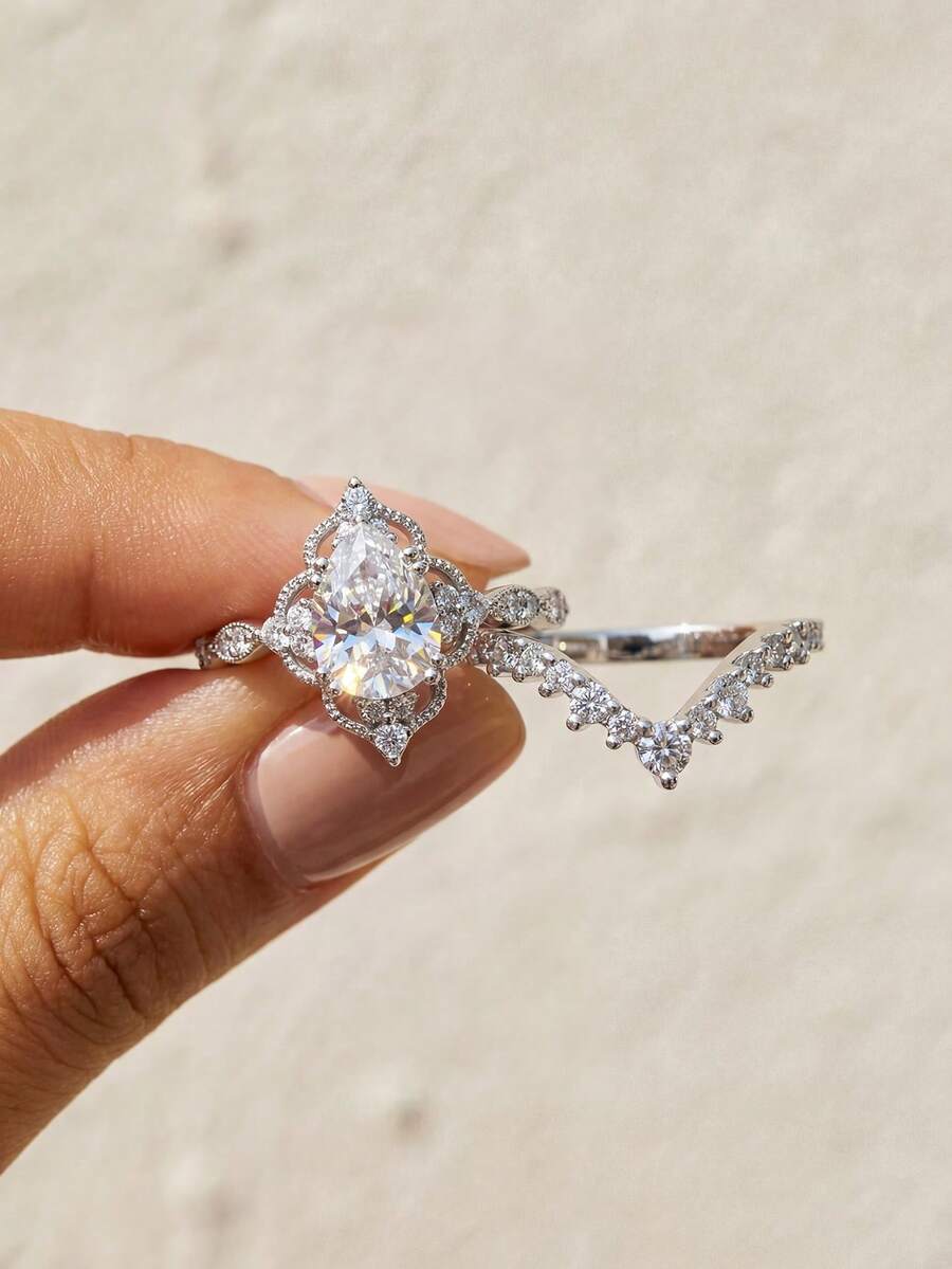 一套优雅的订婚及结婚戒指套装，女士珠宝，925纯银闪亮结婚戒指，精致珠宝，适合女孩生日、舞会等场合的礼物 - 款式2 - 查看 1