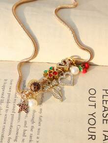 1件豹纹星星吊坠珍珠项链、豹纹樱桃项链、红色樱桃星星手链、经典心形领结项链、时尚领结项链 - 金色 - 查看 4