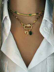 This Women's Necklace Features A Gold-Tone Screw Clasp, With A Pendant Composed Of A Zodiac Sign Pattern And A Green Pendant. Delicate And Compact, Suitable For Daily Wear And Party Occasions. - Gold - View 1