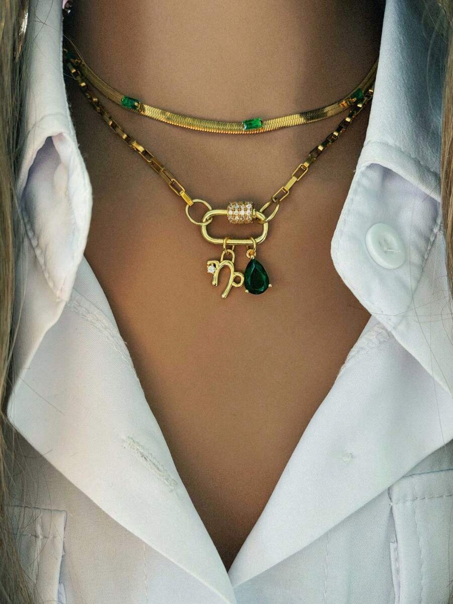 This Women's Necklace Features A Gold-Tone Screw Clasp, With A Pendant Composed Of A Zodiac Sign Pattern And A Green Pendant. Delicate And Compact, Suitable For Daily Wear And Party Occasions. - Gold - View 1