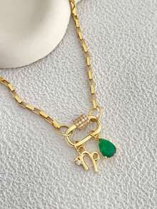 This Women's Necklace Features A Gold-Tone Screw Clasp, With A Pendant Composed Of A Zodiac Sign Pattern And A Green Pendant. Delicate And Compact, Suitable For Daily Wear And Party Occasions. - Gold - View 2