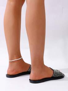 女士圆头平底软皮凉鞋，饰有水钻，波西米亚风露趾拖鞋，夏季度假风，适合户外穿着，性感时尚的派对鞋，纯色，舒适轻便。 - 黑色 - 查看 11