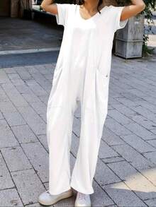 Women's Casual Solid Color V-Neck Pocket Short Sleeve Jumpsuits, Y2K Style Women's Clothing, Suitable For All Seasons, With Multiple Pocket Designs, Suitable For Outdoor Outfits, Cocktail Parties, Parties, Christmas, Nightclubs, Banquets Film Festivals, Cinemas, Balls, Cocktail Parties, Bars, Weddings, Graduation Ceremonies, Homecoming, Birthday Parties, Rebellious Girls, Festival-Themed Parties, Outings, Streetwear, Fashion Shows, Dates, Valentine's Day, Working Outside Universities, Schools, Villages, Concerts, Street Girls, Teenage Girls, Country-Style Women's Clothing, The Best Women For Outings, Ladies' Vacation Clothing, Country Concerts - 白色 - 查看 4