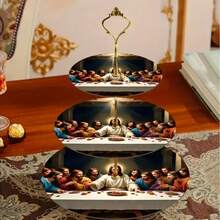 1 pieza Bandeja de madera de 3 niveles con el diseño de La Última Cena - Bandeja de servir con tema de arte religioso y diseño de discípulos, apta para bodas, Pascua, Navidad, cumpleaños, decoración del hogar - Pieza central decorativa y funcional duradera y multiusos para fiestas - Multicolor - Ver 4