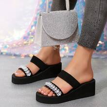 Women's Rhinestone Decor Casual Everyday Fashion Versatile Thick Bottom Wedge Sandals - Black - View 2