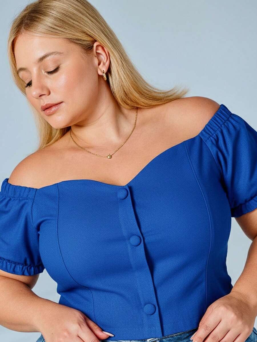 Blouse Plus Size, Beige Elastane, Style, Plus Size Look, Sizes 44 To 52 - azul real - Ver 1