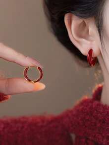 1 par de pendientes colgantes de aro de cobre vintage con diseño geométrico minimalista y elegante en color vino, adecuados para uso diario, ir al trabajo, casual y fiestas de las mujeres - Burdeos - Ver 3