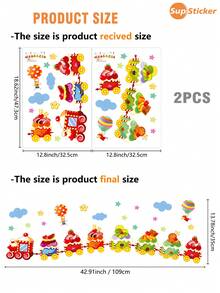 2pcs Cute Cartoon Animal, Small Train, Dessert & Cake Pattern Learning Wall Stickers, Waterproof For Kindergarten, Living Room, Kids Room Decor, 12.8*18.62inch - Multicolor - View 5