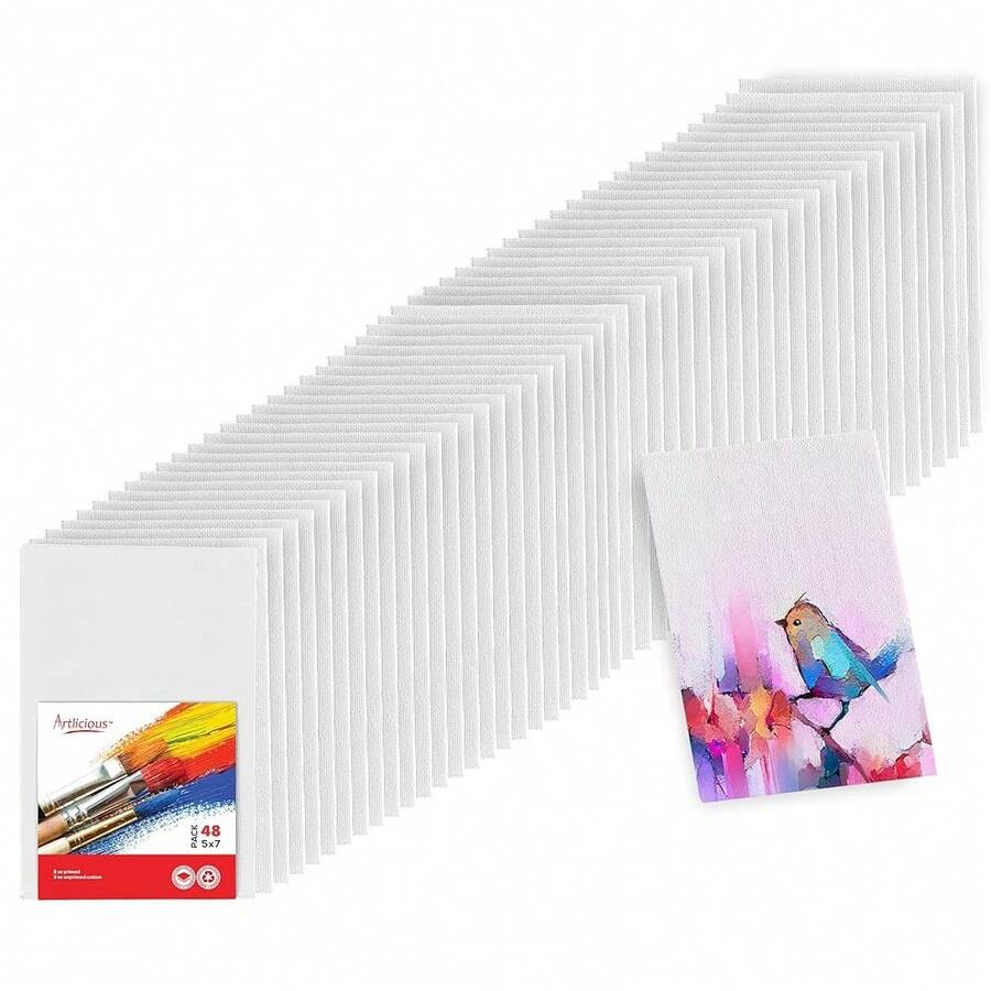 Canvases For Painting - Pack Of 48, 5 X 7 Inch Blank White Canvas Boards - 1OO% Cotton Art Panels For Oil, Acrylic & Watercolor Paint - 5x7吋-48片 - 查看 1