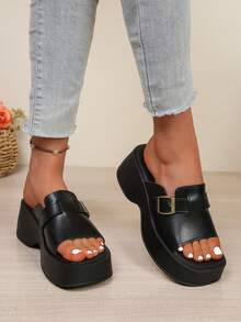 女士时尚坡跟拖鞋，复古软皮黑色凉鞋，新款法式粗跟凉拖，沙滩鞋 - 黑色 - 查看 4