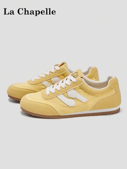 1 Pair La Chapelle Women's Thick Sole Lace-Up Soft Bottom Casual Shoes, Low-Top Outdoor Flat Shoes For Summer, Round Toe Low Heel Non-Slip Solid Color Elegant Soft Bottom Hiking Suitable For Students Graduation Photos Flat Shoes, Women Low-Top Leather Sneakers