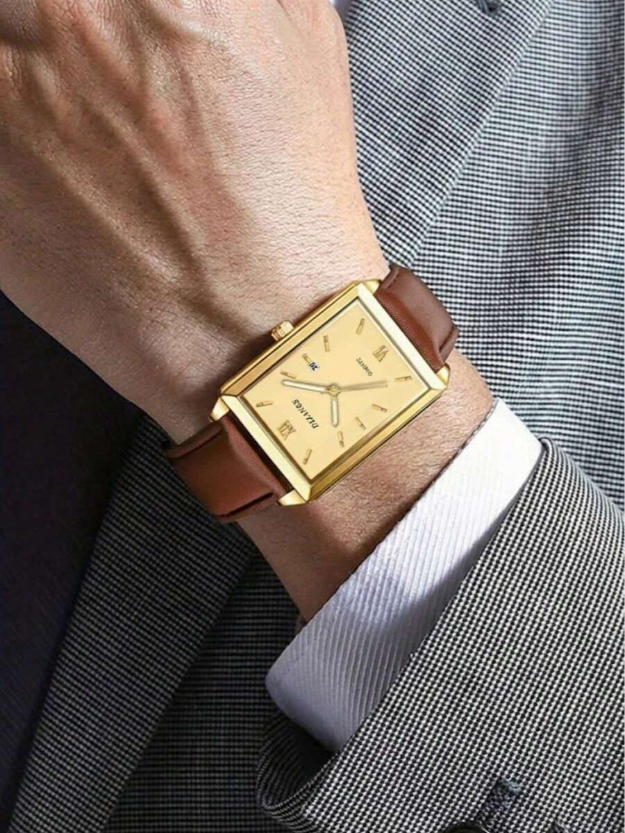 1只男士金色皮表带方形表盘石英表，不锈钢表壳，商务时尚男士腕表，适合商务场合和日常佩戴，是生日、圣诞节、周年纪念日送给男士的绝佳礼物。 - 金色 - 查看 1