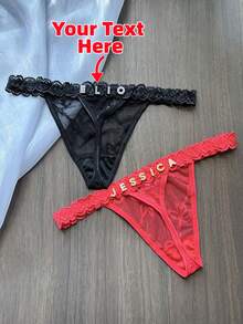 Customized Name Crystal Letter Thong, Personalized Sexy Lace Women's Bikini Panties Tanga With Name, Customized Name Underwear Triangle Panty T-Back, Gift For Girlfriend, Wife, Valentine's Day, Christmas, Halloween, Thanksgiving, Birthday, Anniversary,Chic Autumn,Urban Gala