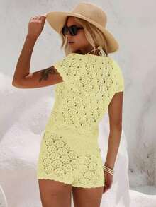Women's Summer Vacation Set, Crochet Mesh Sexy Hollow Out Beach Short Sleeve Knit Cover Up + Shorts 2 Piece Set - Women's Vacation 2 Piece Set, Crochet Cover Up Nightclub Outfit, Women's Sexy Fitted Style - 淺黃色 - 查看 9