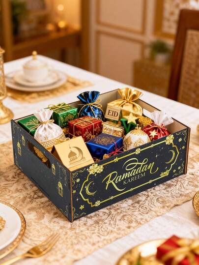 1pc Ramadan Kareem Wooden Tray, Eid Mubarak Black Gold Crescent Moon & Star Storage Box, Eid DIY Tray, Ramadan Party Supplies, Eid Decoration, Eid Candy/Chocolate Box, Ramadan Dining Table Decor, Ramadan Auspicious Ornament, Ramadan Home Decor Storage Tray, Eid Dessert Baking Box, Restaurant Service Tray, Ramadan Supplies, Eid Room Decor, Kitchen Decor, Ramadan Gift, Ramadan Prayer, Eid Gift