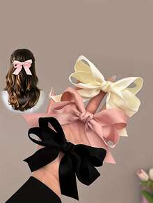 2个缎面蝴蝶结发夹，时尚甜美百搭的女孩发饰 - 彩色 - 查看 2