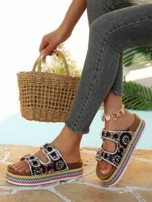 2025 Spring/Summer New Women's Sandals, Double Strap With Rhinestones, Fashionable Thick Sole Slippers, Random Floral Patterns, Essential For Vacation & Beach, Suitable For All-Day Wear - Black - View 3