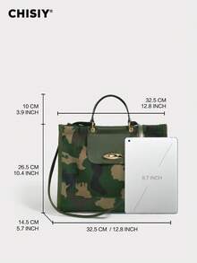 New Original Military Green Large Tote Bag, High Capacity Handbag With PU Camouflage Patchwork, Fashionable & Unique, Adjustable Shoulder Strap, Multi-Functional For Commuting, Outing, And School - 綠棕色迷彩 - 查看 2