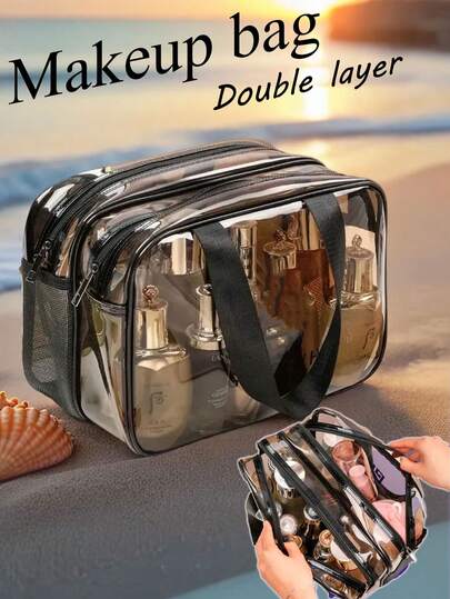 1pc Double-Layer Travel Makeup Bag Set, Waterproof Toiletry Bag For Storing Toiletries, Bath, Cosmetics, Convenient Handheld, Ideal For Beauty Products Storage, Also Suitable For Beach, Dry-Wet Separation, Swimming, And As A Gift For Girls, Christmas, And Other Occasions,Pouch,Makeup Pouch,Travel Essential