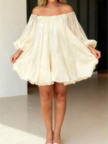 Women Off The Shoulder Oversized Mini Dress Smocked Long Sleeve Ruffle Loose Casual Elegant Bubble Midi Dress - 象牙白 - 查看 1