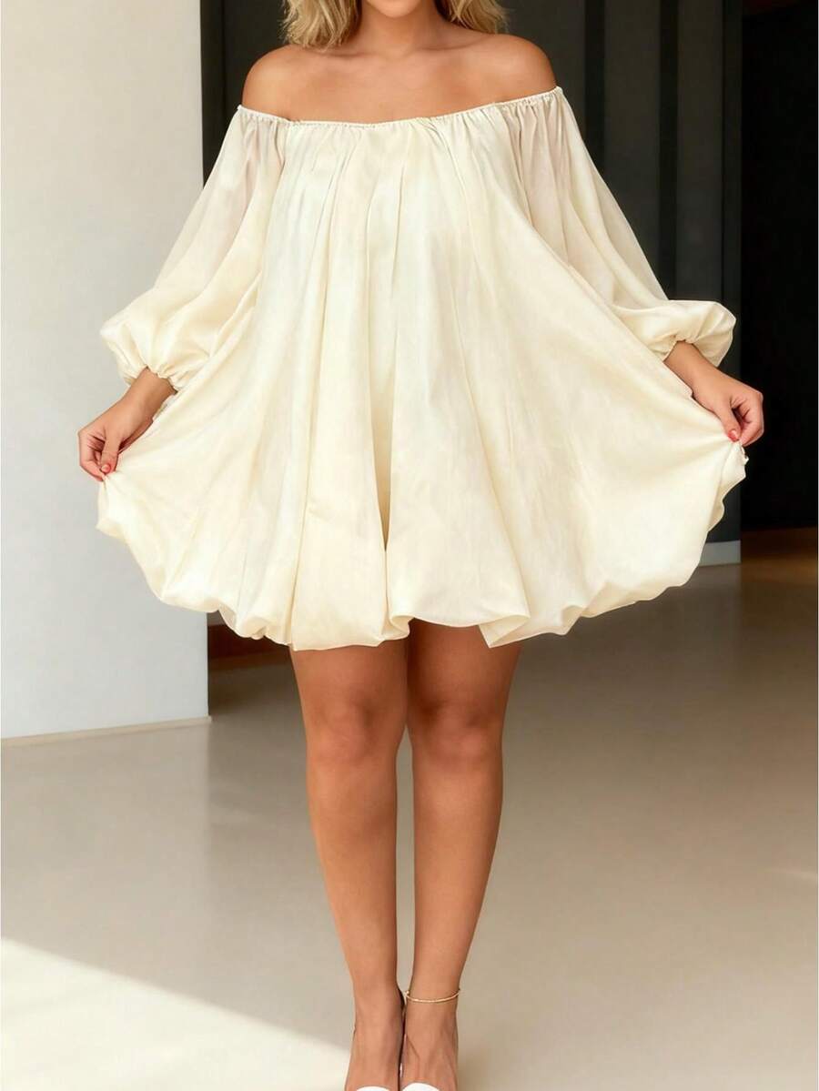 Women Off The Shoulder Oversized Mini Dress Smocked Long Sleeve Ruffle Loose Casual Elegant Bubble Midi Dress - 象牙白 - 查看 1