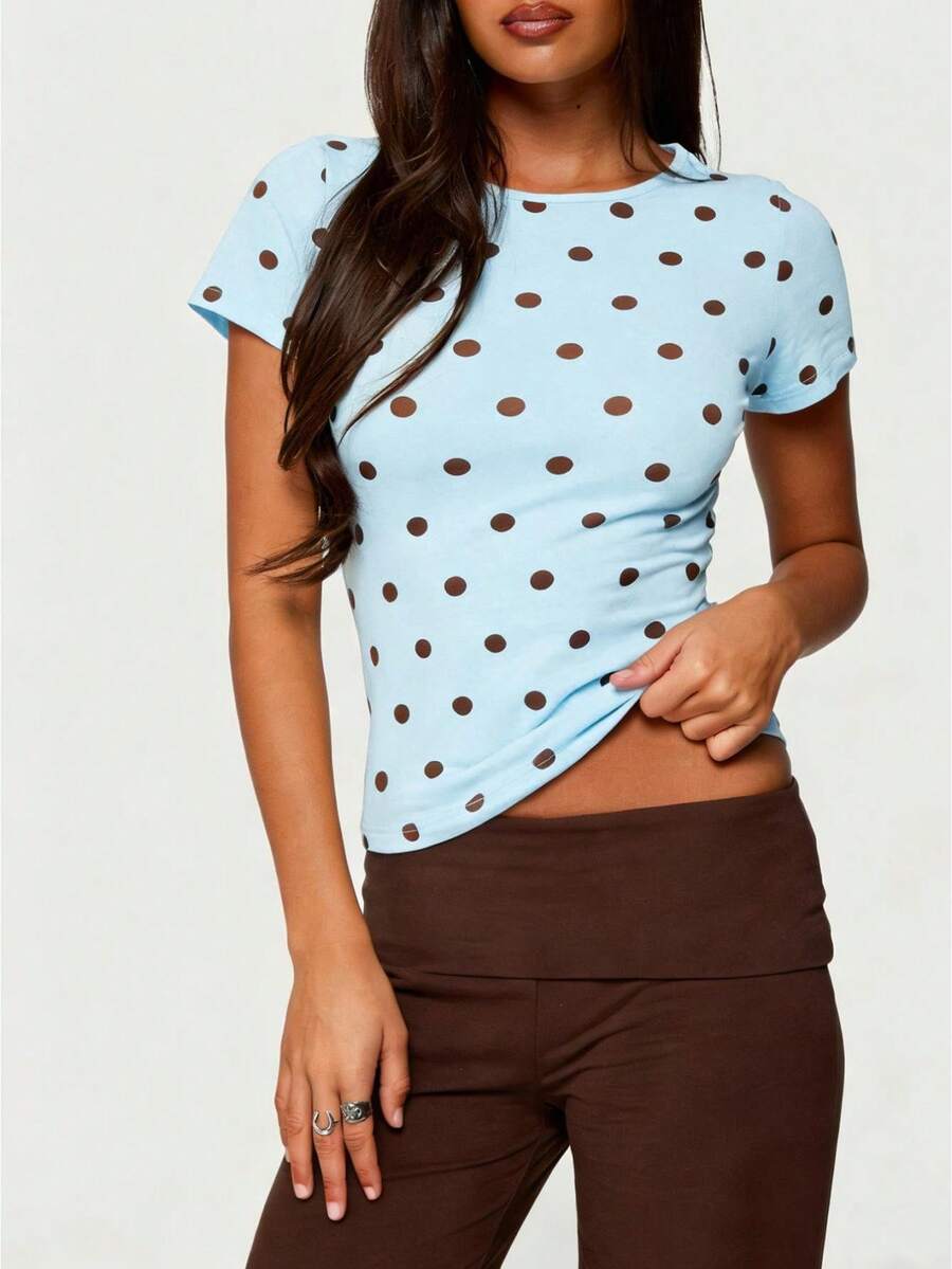 Women's Polka Dot Short Sleeve Crop Top Fitted Casual T-Shirt For Daily Wear  Weekend Outings - 藍色 - 查看 1