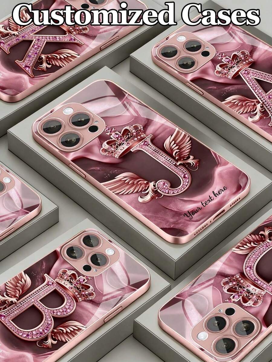 1 pieza Funda de teléfono de vidrio con monograma floral, textura de rosa dorada degradada, con piedras de rhinestone y diseño de texto y letras personalizables, compatible con iPhone, mejor regalo para amigos y familiares - Rosa - Ver 1