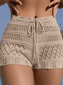 Women's Beach Cover-Up Shorts, Knit, High Waist, Drawstring, Crossover Style, Summer Fashion - Cát - Xem 2
