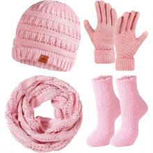 Beanie Hat Scarf Touchscreen Gloves Set Men And Women, Fleece Lined Warm Winter Beanie Gloves Long Neck Warmer Set - Pink - View 4