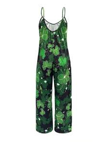 St. Patrick's Day Women's Jumpsuit - Shamrock Print Wide-Leg Romper With Pockets, Adjustable Spaghetti Straps & Mid-Stretch Fabric, Machine Washable Casual Spring/Summer Outfit, Festive Attire, Summer Fashion, Comfortable Fit - phong cách - Xem 3