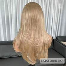 Kanekalon Futura 蜂蜜金棕色 13x4 合成蕾丝前假发，18 英寸中长波浪刘海，无需胶水，Kanekalon 材质，耐用合成假发，中分，150% 密度，即戴即用，适合日常、派对、假日，新手友好，透明蕾丝假发 - 駝色 - 查看 6