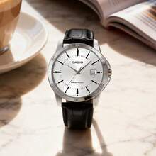 Casio 卡西欧男士商务真皮腕表，白色表盘，日期显示，优雅简约的办公腕表 - 銀色 - 查看 6