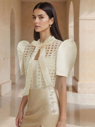 Amyenjoylife Modern Filipino Traditional Blouse, Filipino Traditional Blouse With Butterfly Sleeves, Hollow-Out Women Blouse, Delicate Woven Hollow Bowknot Blouse, Elegant Formal Women Short Jacket