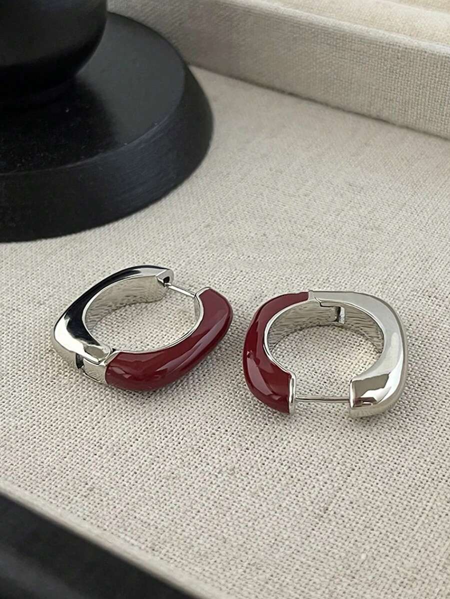 1 Paar vintage französische elegante geometrische minimalistische Design Burgunder Emaille Tropfen Ohrringe, geeignet für Damen für den täglichen, lässigen und festlichen Gebrauch - Bordeaux - Übersicht 1