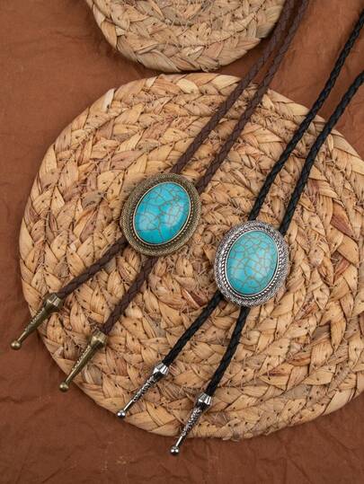 1pc Unique Bolo Tie Braided Long Necklace With Oval Turquoise Pendant, Adjustable