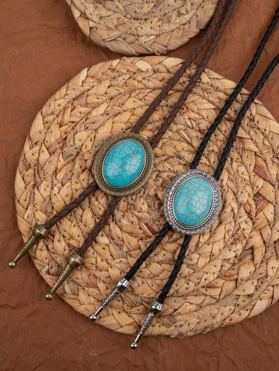 1件独特的波洛领带编织长项链，配椭圆形绿松石吊坠，可调节 - 薄荷藍 - 查看 1