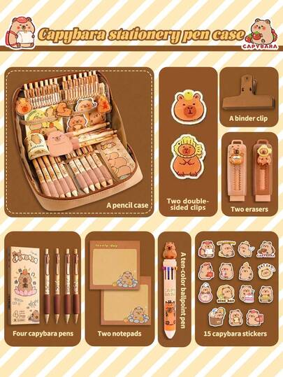 超值！水鼠文具笔袋礼盒套装，大容量翻盖文具盒，学生日常文具笔袋，可爱水鼠配件文具礼盒套装，返校文具礼盒套装，多功能笔袋，防水防污文具笔袋，小学生文具礼盒套装。笔袋可随意装饰。返校季，学习用品，笔袋，背包