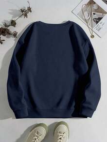 1件装休闲可爱腊肠犬刺绣图案毛巾，女士秋季服装，女士冬季服装，2025新款秋季时尚女装，女士休闲落肩圆领长袖卫衣 - 藏蓝色 - 查看 2