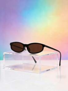 1pc Unisex Narrow Oval Cat Eye Small Frame Y2K Retro Street Style Minimalist Fashion Glasses, Suitable For Vacation - Black Frame Tea Leaves - View 10