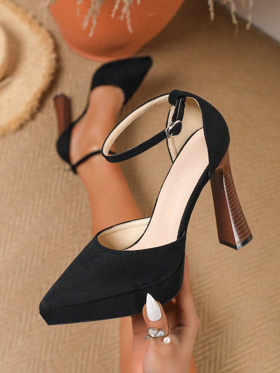 大码女式高跟鞋，优雅女士高跟鞋，舒适职业装高跟鞋，黑色和酒红色礼服鞋，防水厚底高跟鞋 - 黑色 - 查看 1