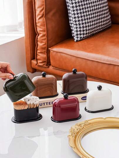 1pc Multi-Functional Toothpick Holder, Faux Wood Grain Exterior, Double Layer Storage For Toothpicks, Cotton Swabs, Suitable For Living Room, Dining Room, Bedroom, Bathroom