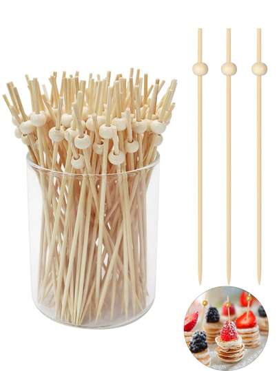 100pcs Natural Wooden Ball Toothpicks, 4.7 Inch Long Bamboo Skewers, Suitable For Appetizers, Drinks, Snacks, Desserts, Fruits, Sandwiches, Cheese, Sausages, Applicable For Birthday Parties, Wedding Desserts, Cake And Cupcake Decorations, Gender Reveal Decorations, Home Fruit Decorations, Valentine's Day And More